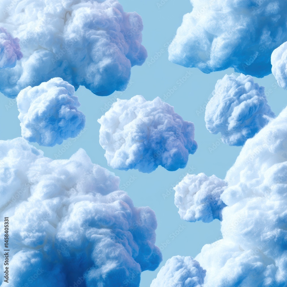 Poster clouds of cotton wool float against a pastel blue background in a detailed cyberpunk aesthetic conce