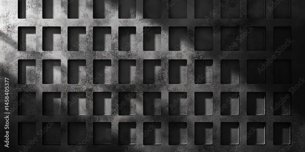 Poster gritty grid of shadows: a textured, industrial-style surface with a geometric grid pattern is dramat