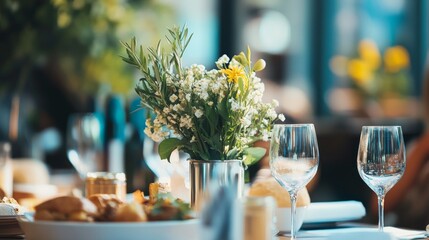 Elegant restaurant table setup with wine glasses and flowers romantic fine dining ambiance hospitality decor scene