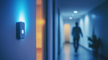 Close-up of motion-activated lighting turning on in a hallway as someone walks