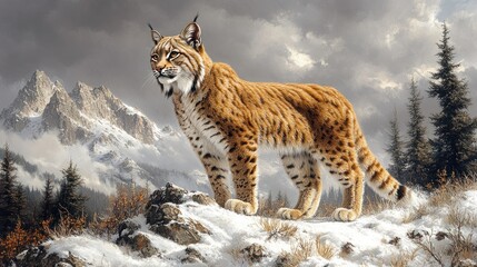Obraz premium Majestic Lynx on Snowy Mountaintop