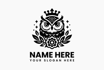 Elegant black and white illustration of an owl with a crown, surrounded by decorative leaves in a symmetrical design. Bird concept