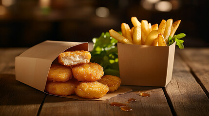 Delicious fast-casual meal presentation: chicken nuggets coated with honey sheen, accompanied by fries and fresh greens on rustic wood table