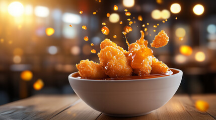 Tempting honey-glazed nuggets in ceramic bowl, set on textured wood, with vibrant sauce splashes and soft-focus restaurant background