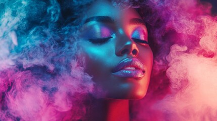 Fototapeta premium Colorful portrait of woman in vibrant smoke beauty fashion surreal dream concept dreamy lighting scene