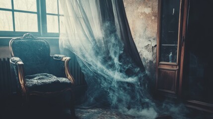 Dusty light beams enter abandoned room vintage armchair nostalgic old window shadow atmosphere dramatic loneliness scene
