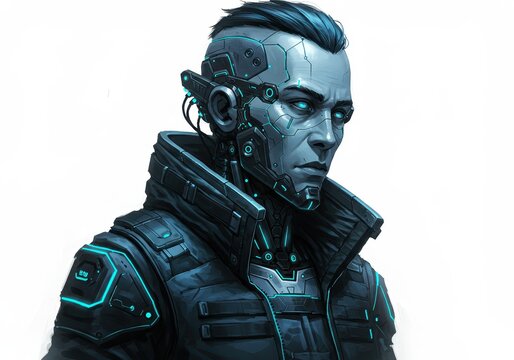 Cyberpunk Male Portrait Futuristic Digital Art Sci Fi Character Illustration Modern Technology Blue