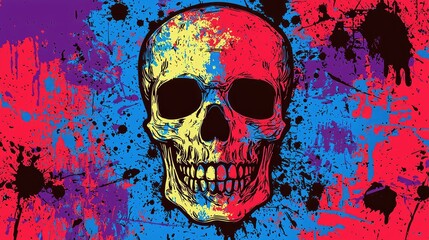 Colorful skull illustration with vibrant paint splatters.