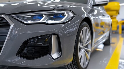 Professional automotive painting process, car undergoing refinish in specialized paint shop