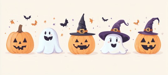 Fototapeta premium Playful Halloween illustration with cartoon ghosts pumpkins and witch hat on beige background for spooky holiday graphics 