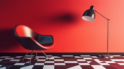 Modern red interior with designer chair lamp and checkered floor stylish abstract concept bold