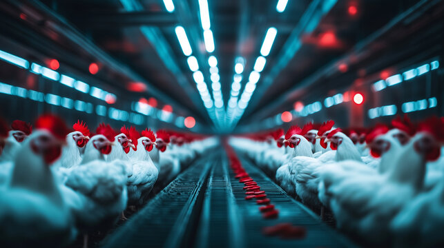 Panoramic poultry house with white hens aligned under feeding troughs, red combs forming a striking pattern, modern ventilation systems in background
