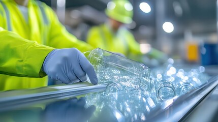 Detailed closeup, person in yellow jacket and gloves filling a glass bottle with unseen liquid contents