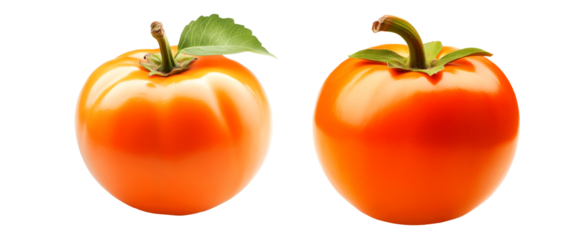 Set of orange persimmon with a green leaf, isolated on white transparent background. Represents natural fruit and healthy food concepts