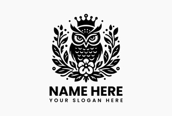 Cartoon owl with royal crown and surrounding leaves in symmetrical design, symbolizing wisdom, charm, and creativity in a playful vector illustration  