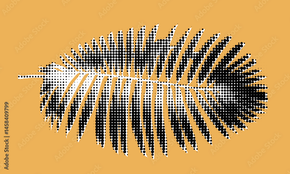 Poster Exploring the artistic representation of a tropical leaf in halftone style on orange background for vibrant visual appeal
