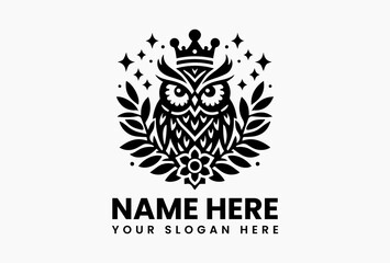 Cartoon owl with royal crown and surrounding leaves in symmetrical design, symbolizing wisdom, charm, and creativity in a playful vector illustration  