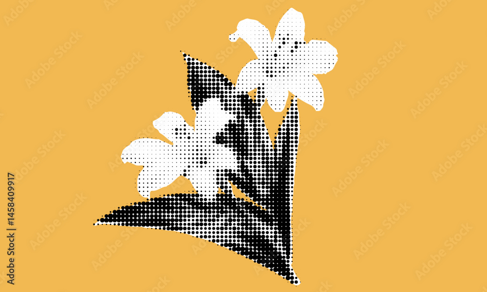 Poster artistic representation of flowers in halftone style against a yellow backdrop for modern pop art ex