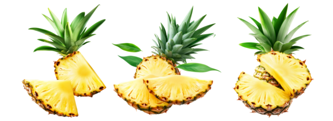 Set of pineapple with bright yellow flesh and green spiky leaves, isolated on white transparent background, symbolizing tropical freshness