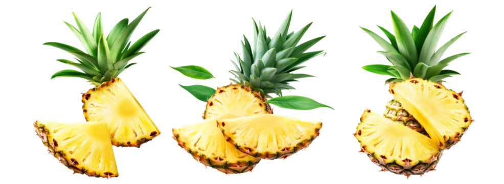 Set of pineapple with bright yellow flesh and green spiky leaves, isolated on white transparent background, symbolizing tropical freshness