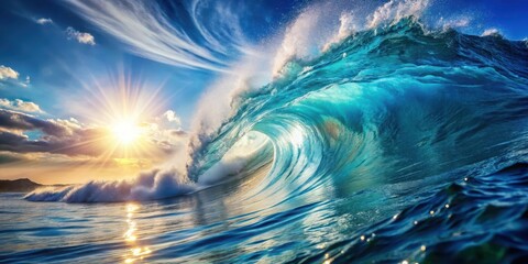 Ocean wave with blue water ripple in the background, sunlight shining through the foam, creating a sense of movement and energy, rippled water, calming scene