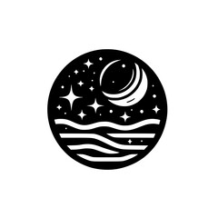 Celestial Circle Icon: Moon, Stars, Waves, Minimalist Black & White Design