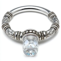 Silver Bracelet Adorned With Faceted Glass Pendant Against a White Background