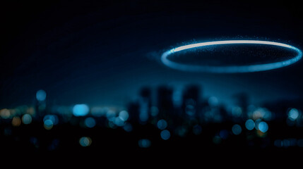 Illuminated futuristic ring hovering over a city at night, symbolizing excogitation and engineering