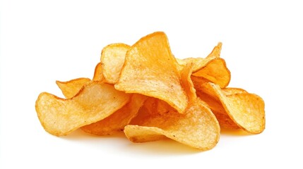Golden crispy potato chips isolated white background