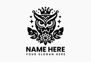 Vintage owl illustration with royal crown and ornamental leaves in elegant symmetrical composition, reflecting wisdom, tradition, and noble forest symbolism  