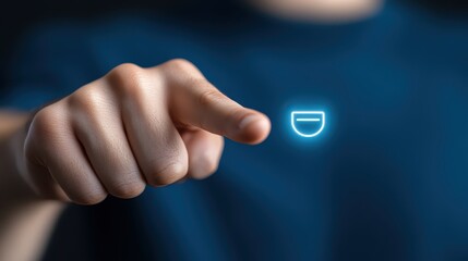 Person initiating process by activating glowing button, a futuristic interface person