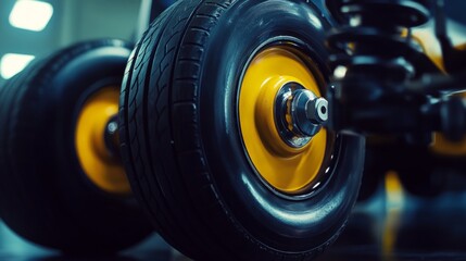 Closeup of go-kart racing wheels with yellow hub in mechanical shop environment and reflections