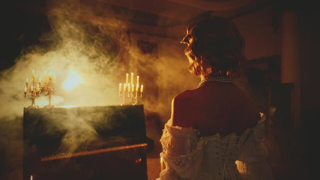 mystery sexy woman queen in dark night ball room full smoke looking at piano with love, Fairy tale girl Fantasy princess Victorian style luxury vintage white long dress, blonde hair back rear view 4k