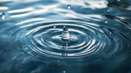 Water ripple with droplet impact creating concentric circles on calm surface in natural lighting