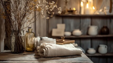 Spa towels and bottles on wooden shelf with dried flowers in wellness interior atmosphere style
