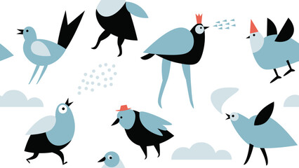 Seamless pattern with cute whimsical birds