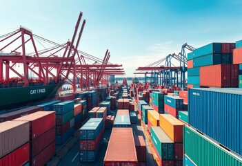 High-angle shot of bustling cargo port, vibrant containers, clear sky,  port,   vessels