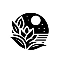 Abstract Botanical Night Scene: Lotus, Moon & Stars Logo Design