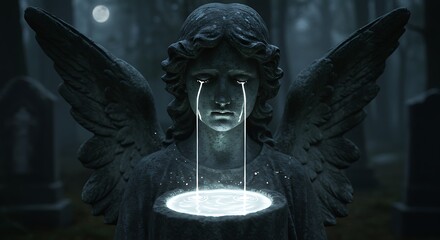 Angel Statue Crying in Cemetery at Night with Moonlit Background