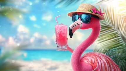 cartoon flamingo in sunglasses and sun hat drink pink cocktail on the tropical beach background, holiday, vacation time, summer drink concept 
