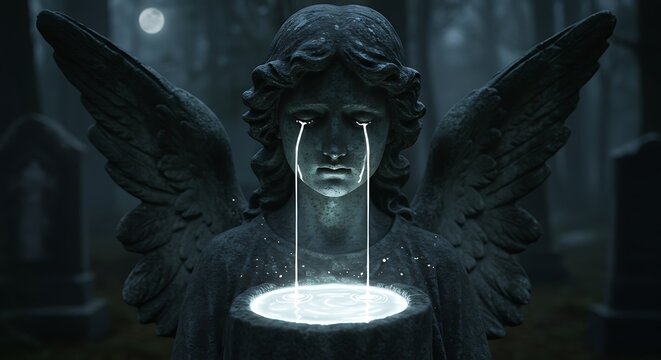 Angel Statue Crying in Cemetery at Night with Moonlit Background