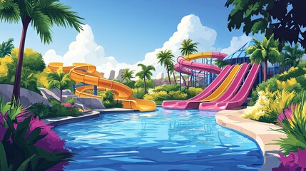 Cartoon illustration of a peaceful water park landscape with colorful slides and an outdoor pool. Ideal for family resort vacations and kids' summer fun, shown in a bright, cheerful style