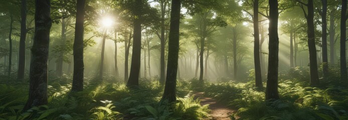 Fototapeta premium Lush green forest with sunlight dappling through leaves, forest, organic, peaceful