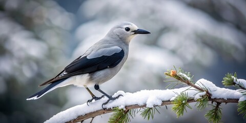 A lone Clark's Nutcracker stands sentinel atop a snow-dusted branch, its black and white plumage a striking contrast against the monochromatic winter landscape , clark s nutcracker, nature photograph