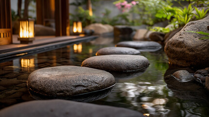 Foot-shaped stones in shallow water with a soft glow, evoking serenity and natural harmony