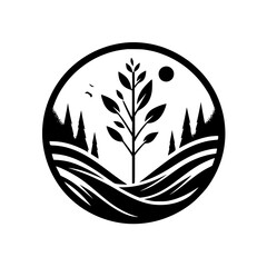 Minimalist Nature Icon: Tree, Forest & Sun in Circle