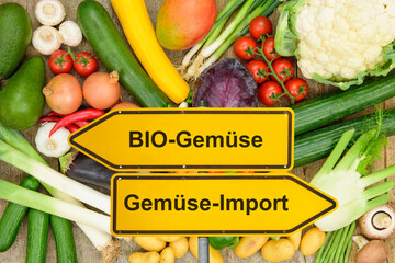 Ein Wegweiser zeigt in unterschiedliche Richtungen mit der Aufschrift BIO-Gemüse und...