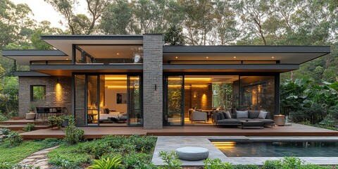 Modern house, forest setting, evening lighting, pool