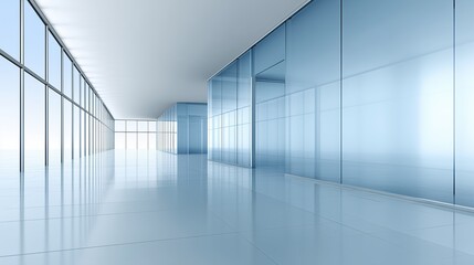 Fototapeta premium Modern corridor interior with blue glass partitions. clean corporate architecture