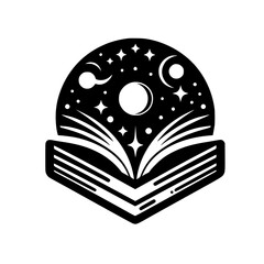Celestial Storybook: Magical Open Book with Moon, Stars, and Cosmic Elements - Black & White